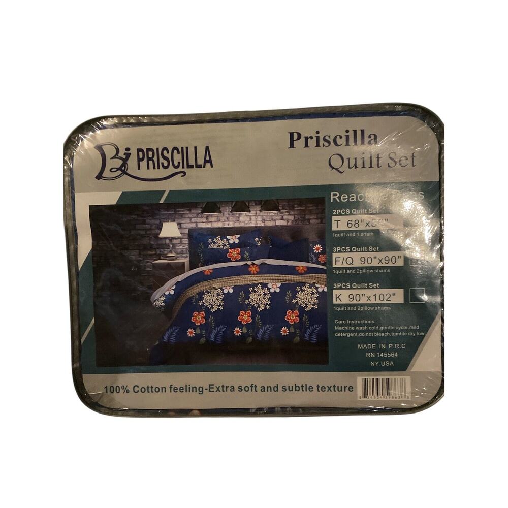 Priscilla 3 Piece F/Q Quilt Set Cotton Soft 2 Pillow Shams 90" x 90”